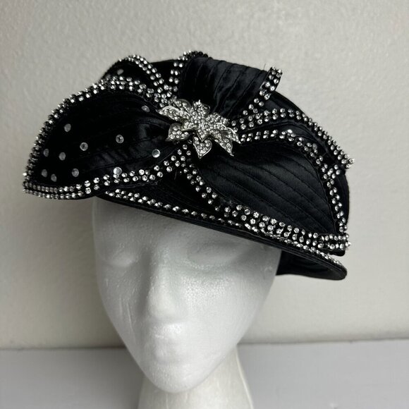 Satin Black Beret Cap Hat  w / Rhinestones main image 5